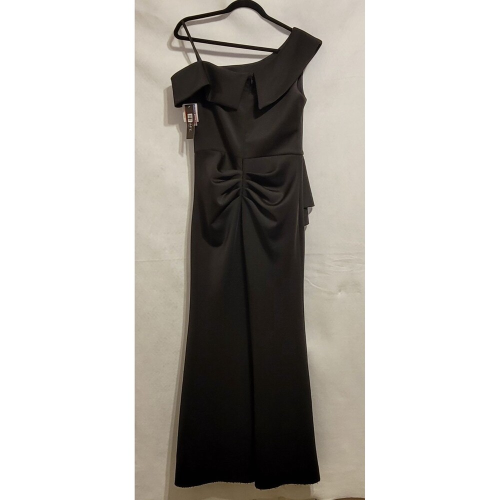NEW XSCAPE Ruffle One-Shoulder Scuba Knit Maxi Gala Gown Black Size 10 NWT $279 - Picture 3 of 10